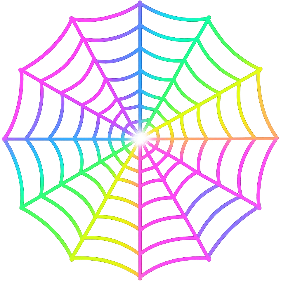 Make the web strands look like glowing lasers with vibrant neon colors, keeping the background transparent. Focus on glowing laser effect on the web strands. emoji