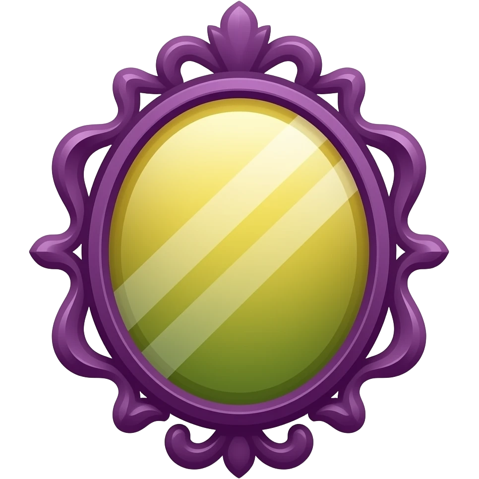 Reflect (🪞): “Simple ornate mirror in deep purple with golden yellow reflection and green mist, reflection symbol, clean mystical flat icon” emoji