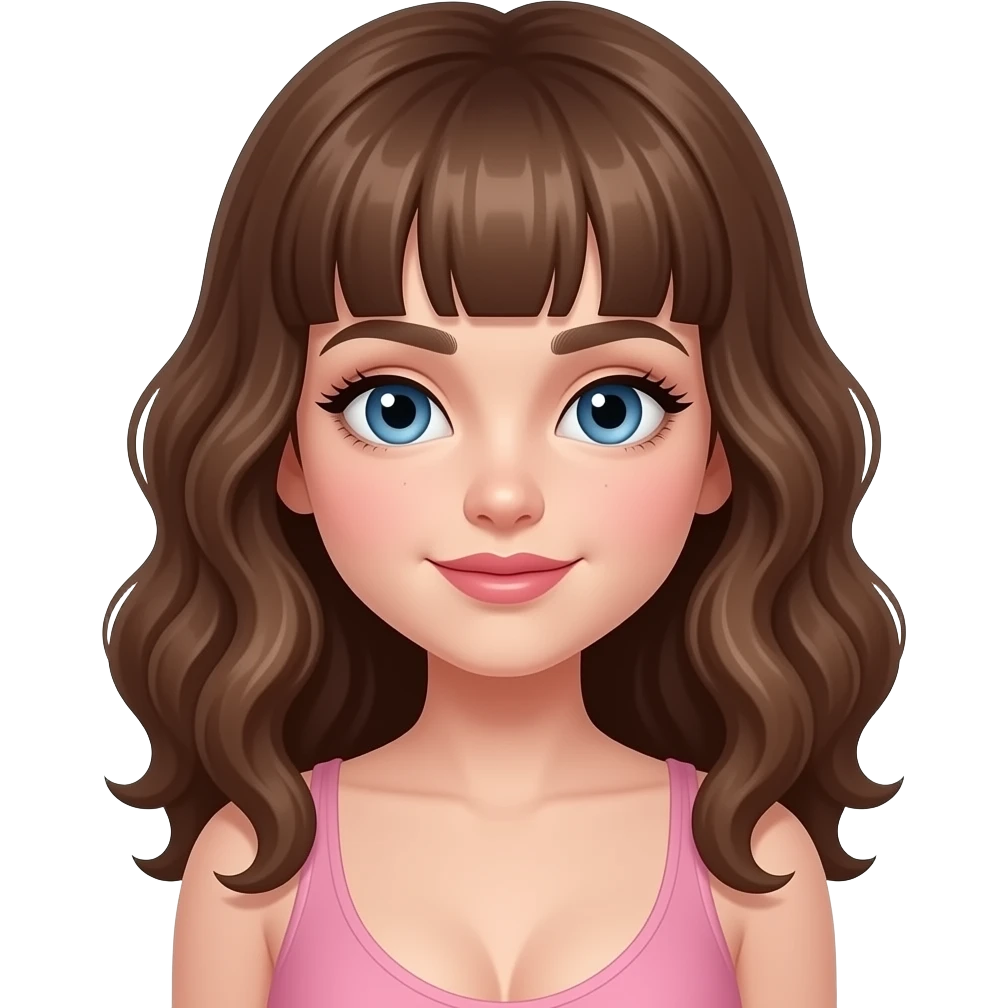 pale girl with blue eyes, thick natural eyebrows, thick natural eyelashes, little pink lips, brown, curly hair with micro bangs and large breasts emoji