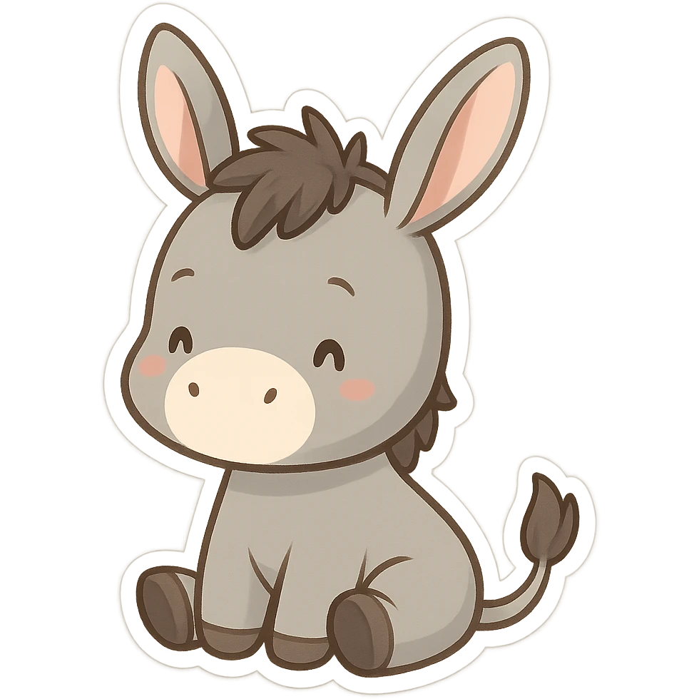 chibi-style donkey, sitting, with a little tail, white background emoji