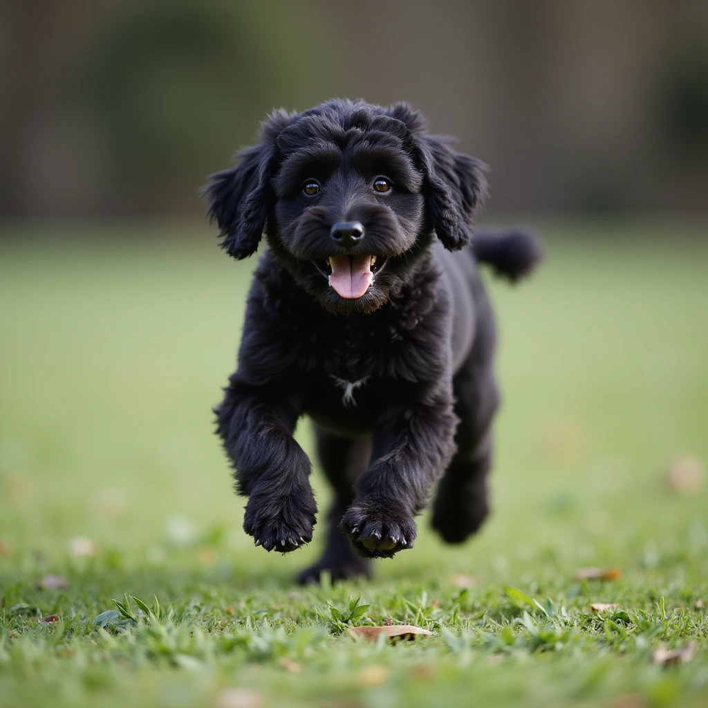 photorealistic black doodle dog running in a park, accurate details, green grass background emoji