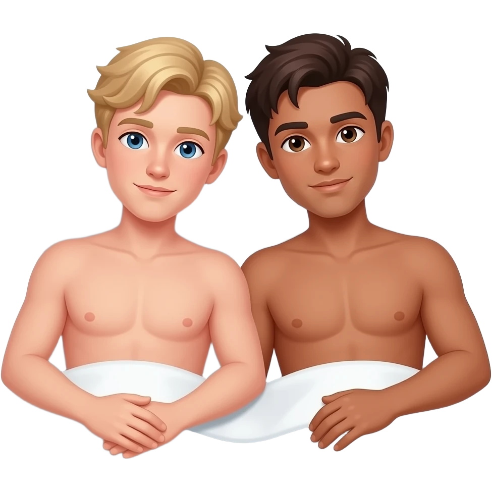 Make a gay couple on a Date , one has light Skin with Blond Hair and Blue Eyes, the other one has slightly brown skin witz dark Brown Hair and Brown Eyes. They are laying together in a Bed shirtless. emoji