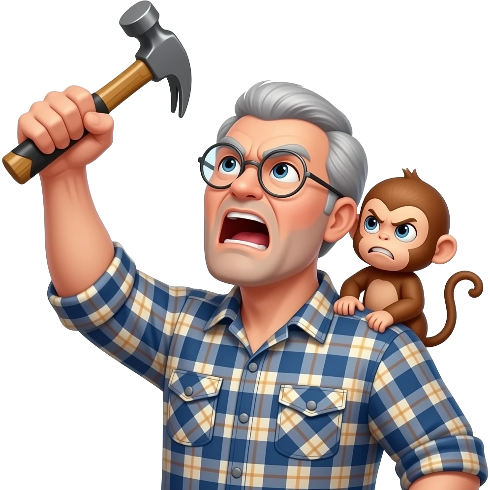 Angry old man with a plaid shirt with silver round glasses with grey hair, no beard or mustache yelling at the sky and shaking his fist angrily at the sky with a hammer in his left hand and a angry baby monkey on his shoulder. emoji