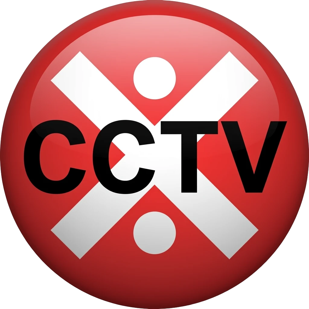 Red filled circle with white X and arrow on all end points on the X white circle in the middle. Big bold CCTV word in the centre in black emoji