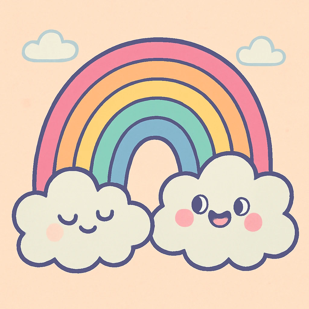 a rainbow with fluffy clouds, pastel toon style, gentle colors emoji