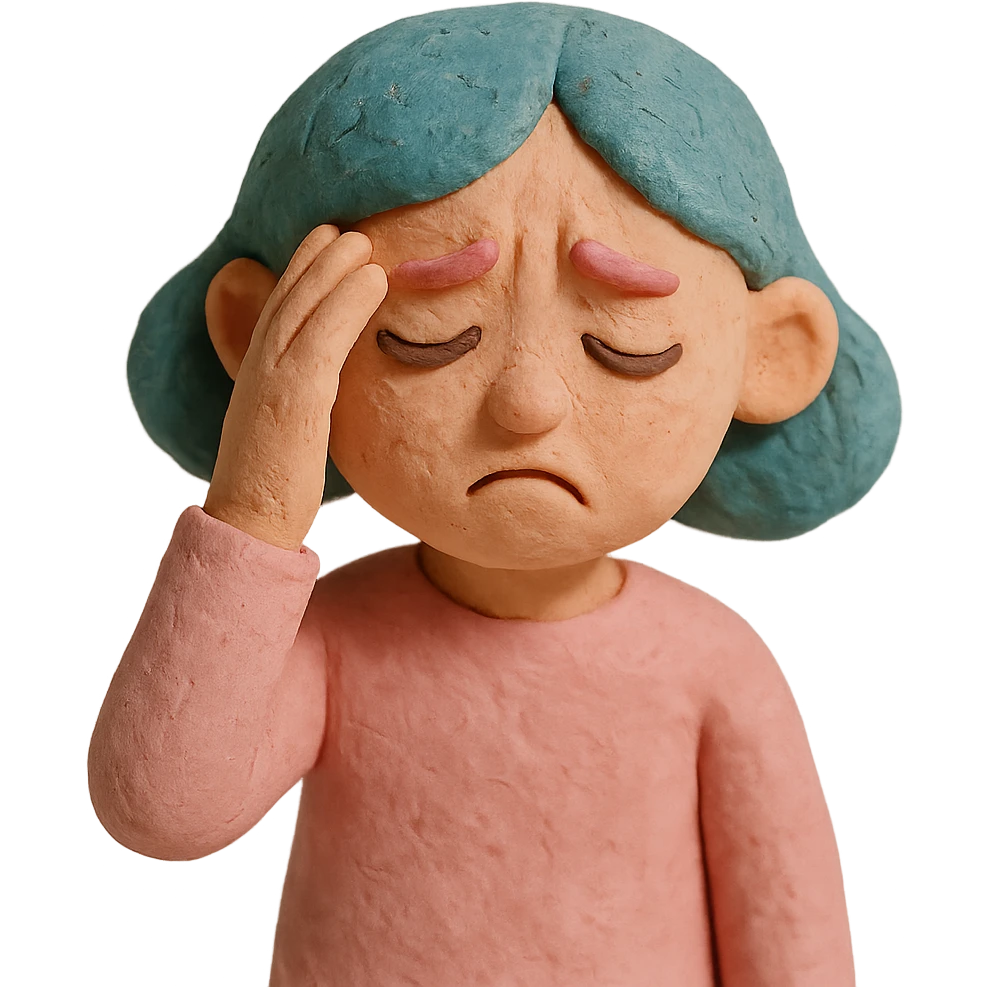 claymation style sad girl with headache, hand on temple, pastel colors emoji