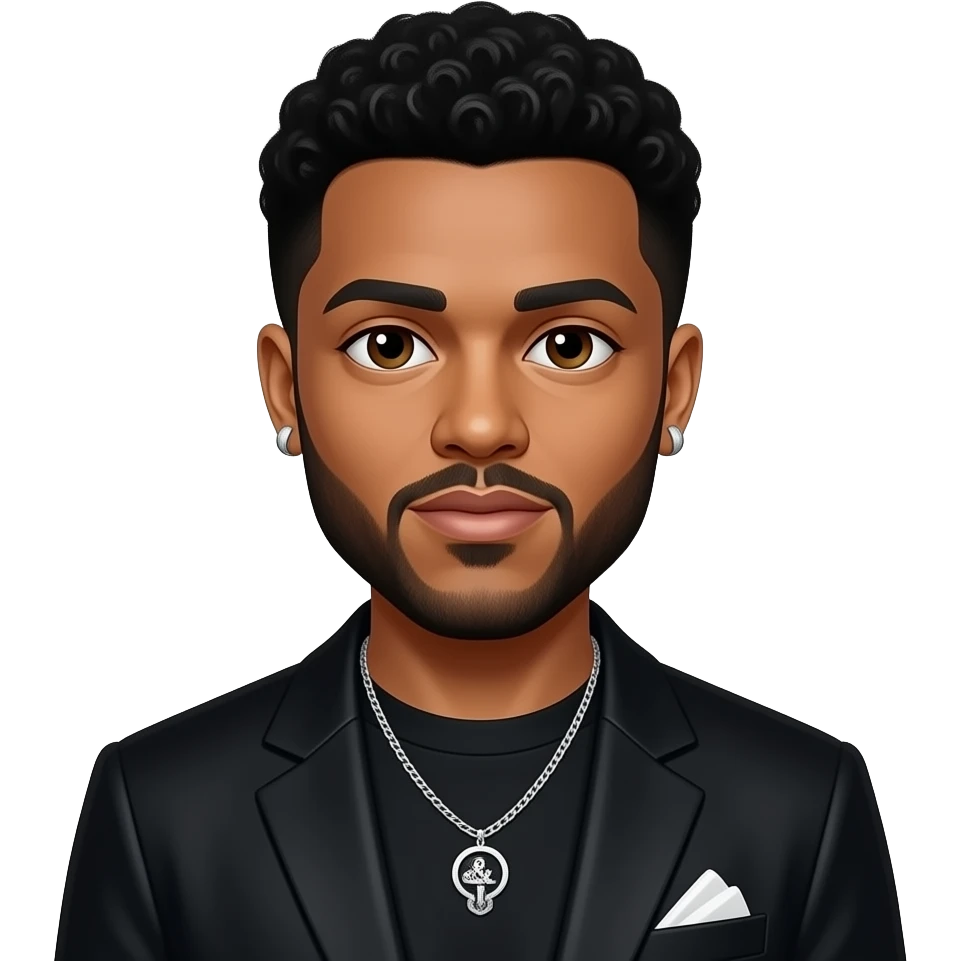 The Weeknd with brown eyes, black hair, black r&b outfit, necklace and earrings emoji