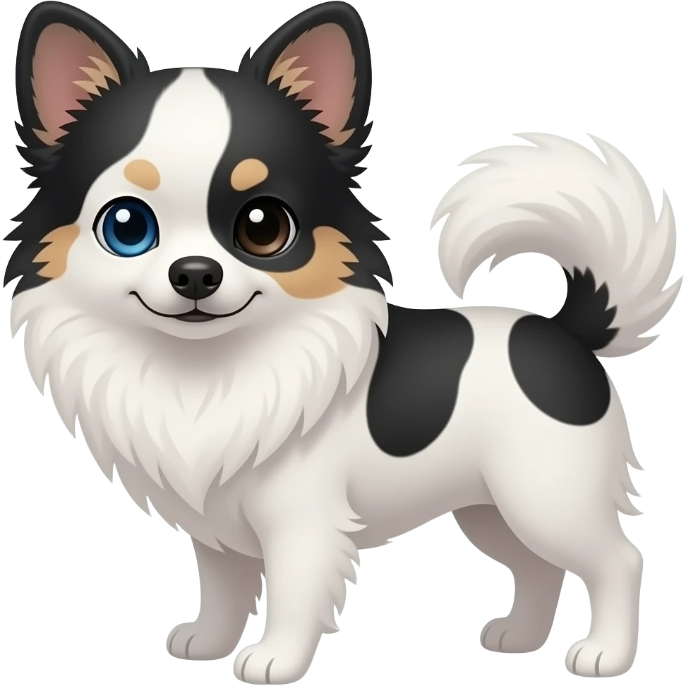 merle pomeranian with black, gray, and white spots. his left eye is color blue, his right eye is color black emoji