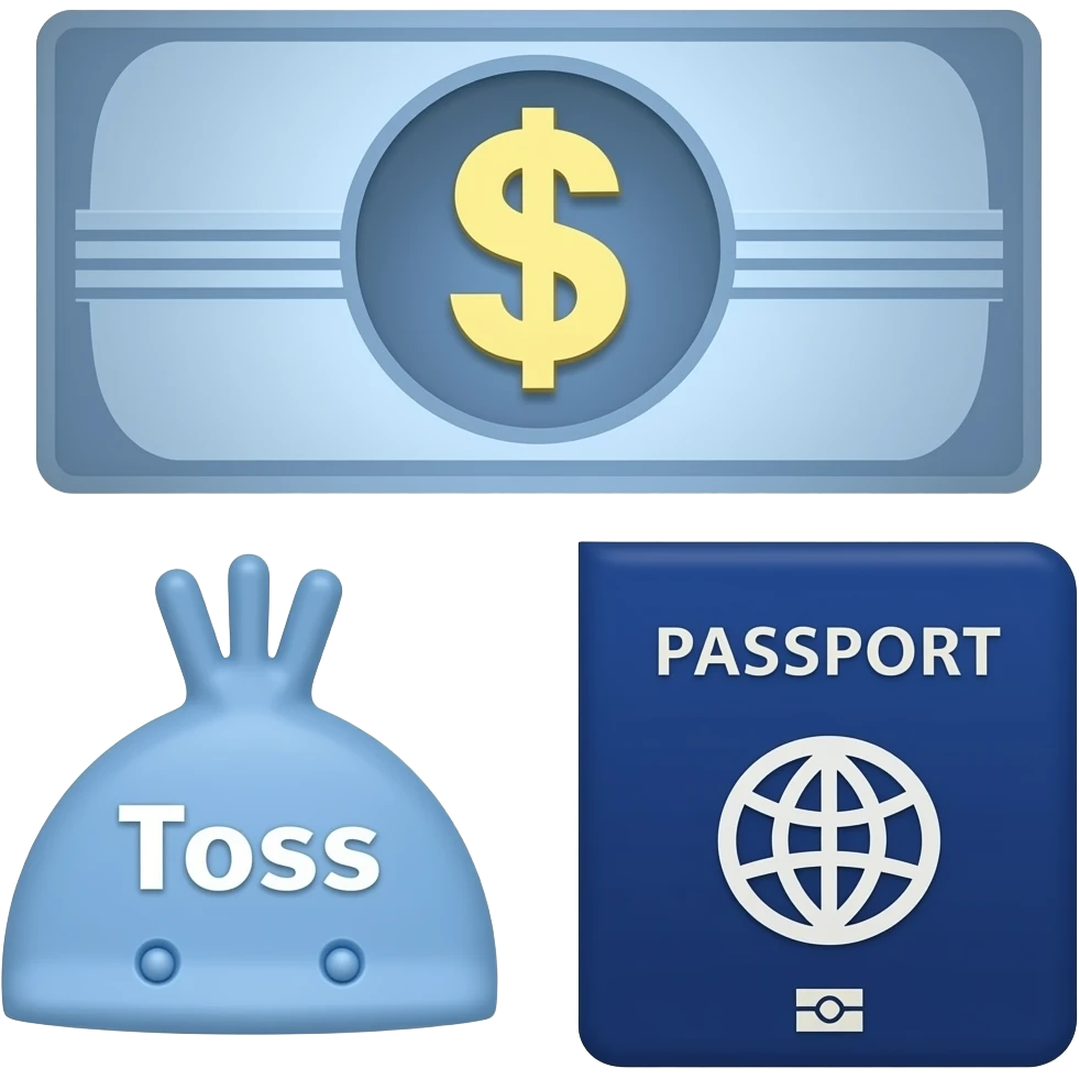 blue money labeled ‘Toss’ and a blue passport emoji