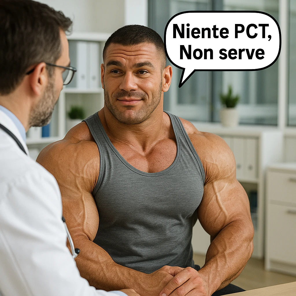bodybuilder che dice ad una dottore "Niente PCT, Non serve", iper realistica emoji