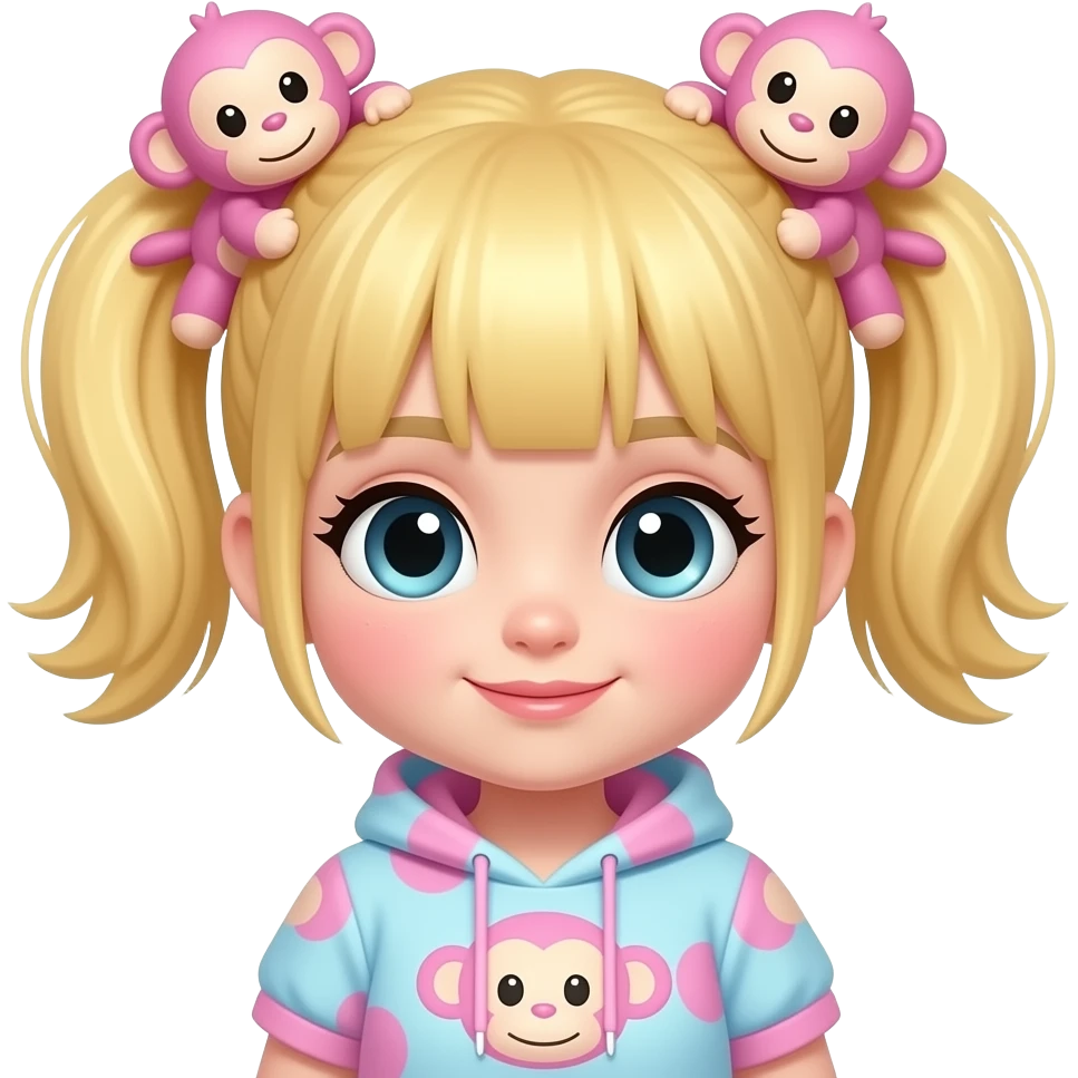 Quiero una chica Kawaii Rosita claro esa chica pero que esté súper Kawaii y quiero que su pelo sea rubio con unos monitos Rosa kawaii y que la ropa sea de monito Rosita pastel y quiero que sea bien Kawaii y más kawaii emoji