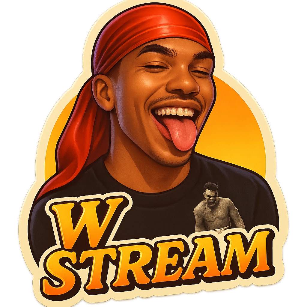 Make him Smiling with tongue sticking 
Change His durag To Red
Add the words W Stream emoji