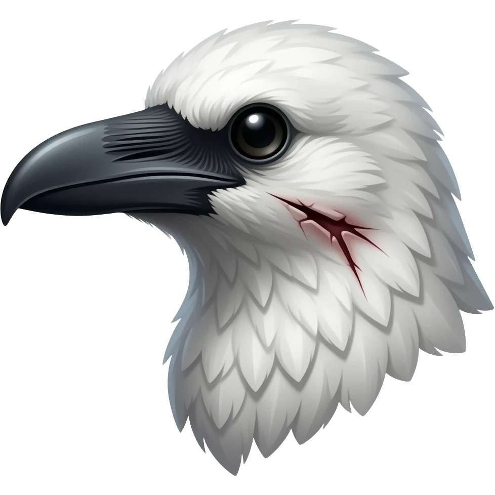 White crow with lots of scars and scratches emoji side profile head with a large scar from cheek to chest emoji