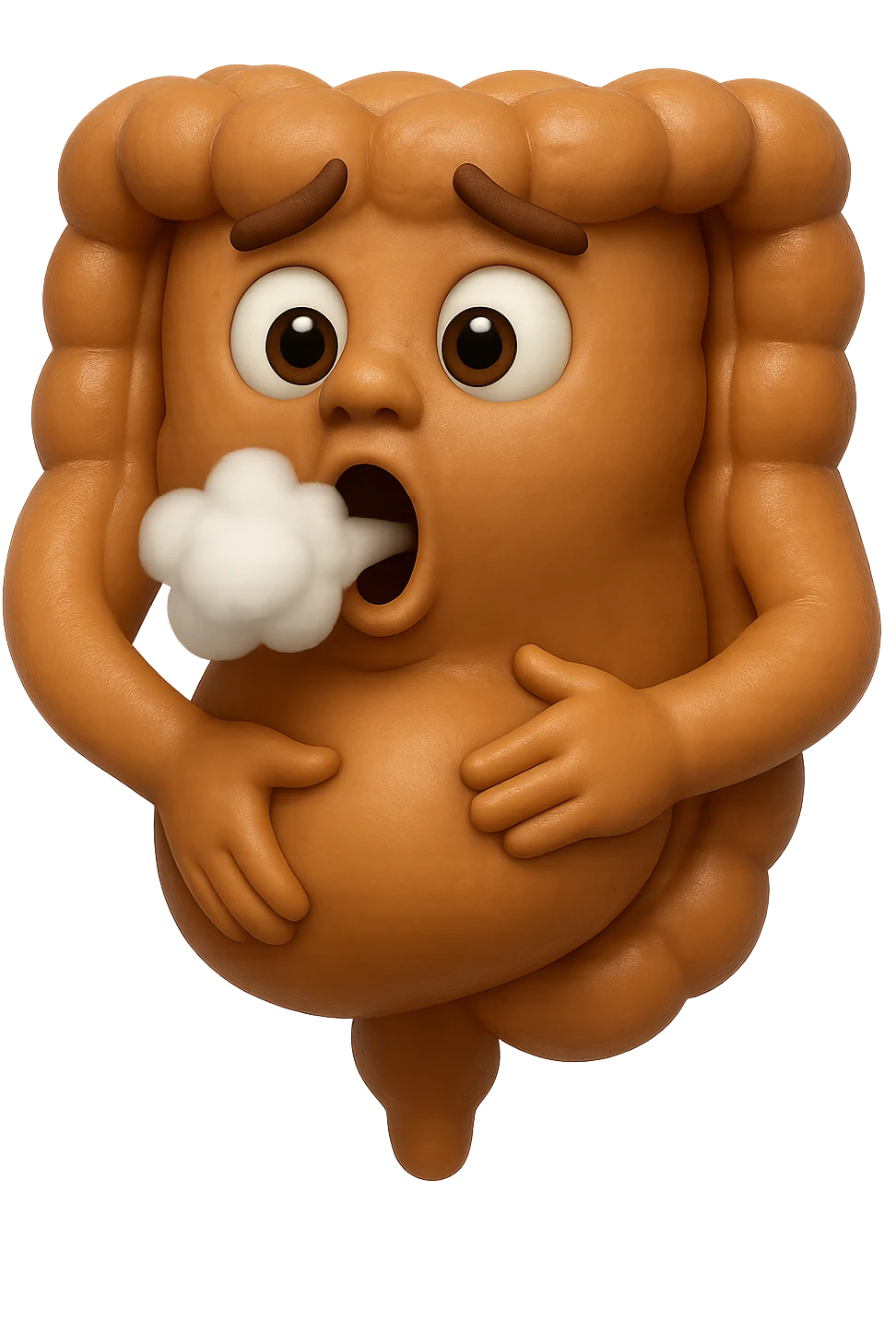 emoji stile iphone di un intestino che ingoia una nuvoletta di aria ben visibile e gli si gonfia la pancia, iperrealistico 4k emoji
