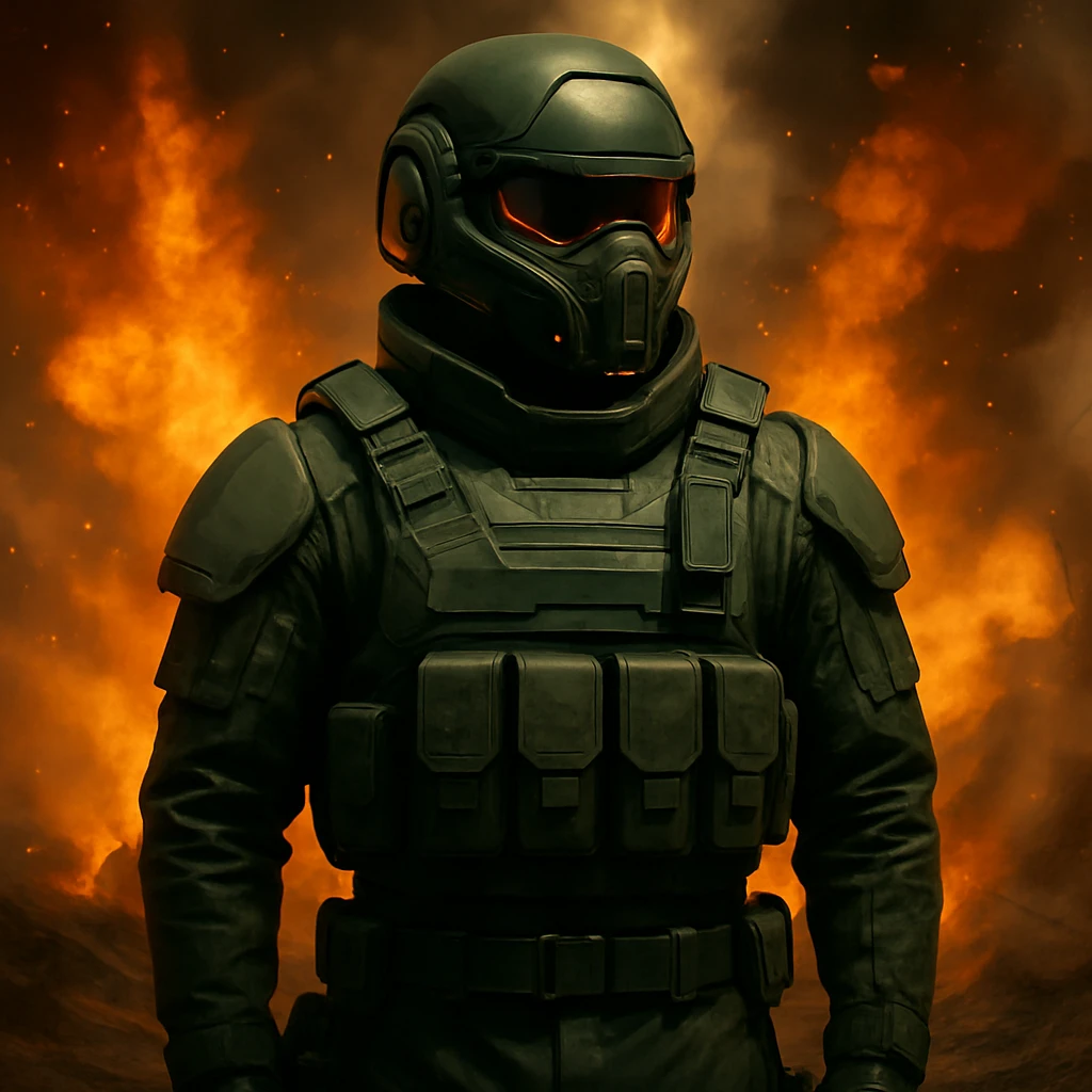 Add a sci-fi helmet to the man, keeping the dark green military fatigues and warzone background with explosions and flames. The style should maintain a realistic and intense warzone atmosphere with detailed explosions and flames in the background. emoji