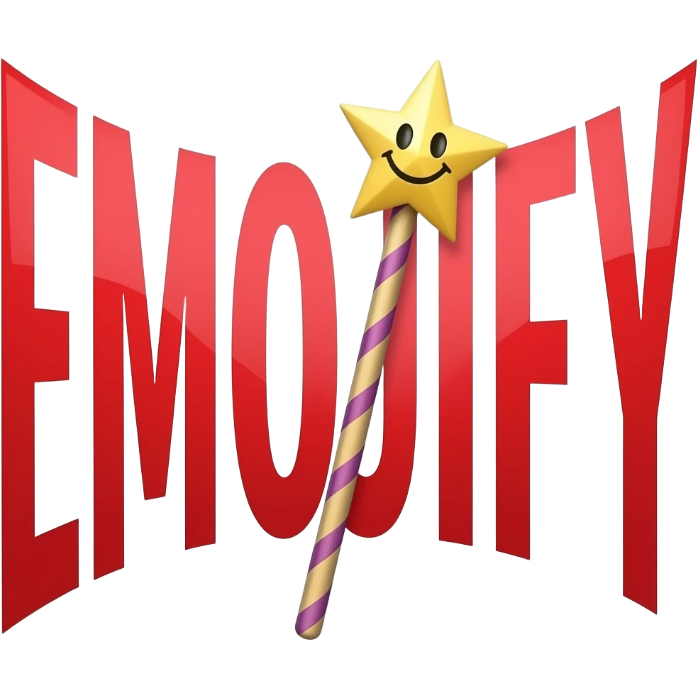 Red text "EMOJIFY" is stretched in height and width. Letter "I" in the form of a magic wand with a smiley face on the end. emoji