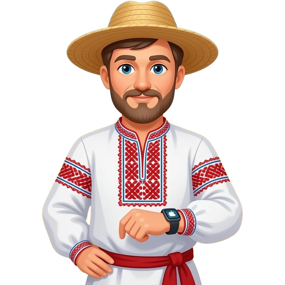 a russian farmer in national suit looking to apple watch wearing on hand for weather forecast emoji
