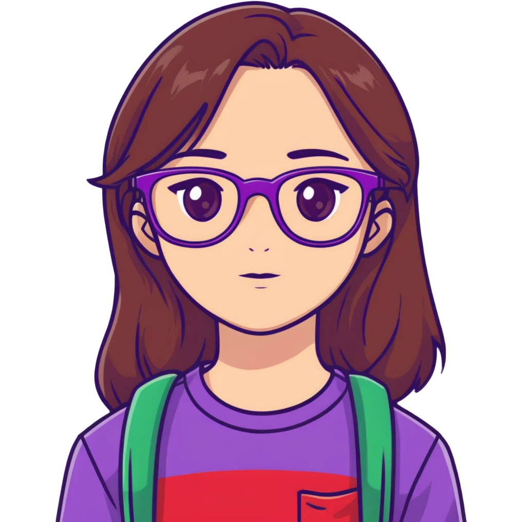 Girl, Red shirt, long brown hair, green eyes, purple glasses,  emoji
