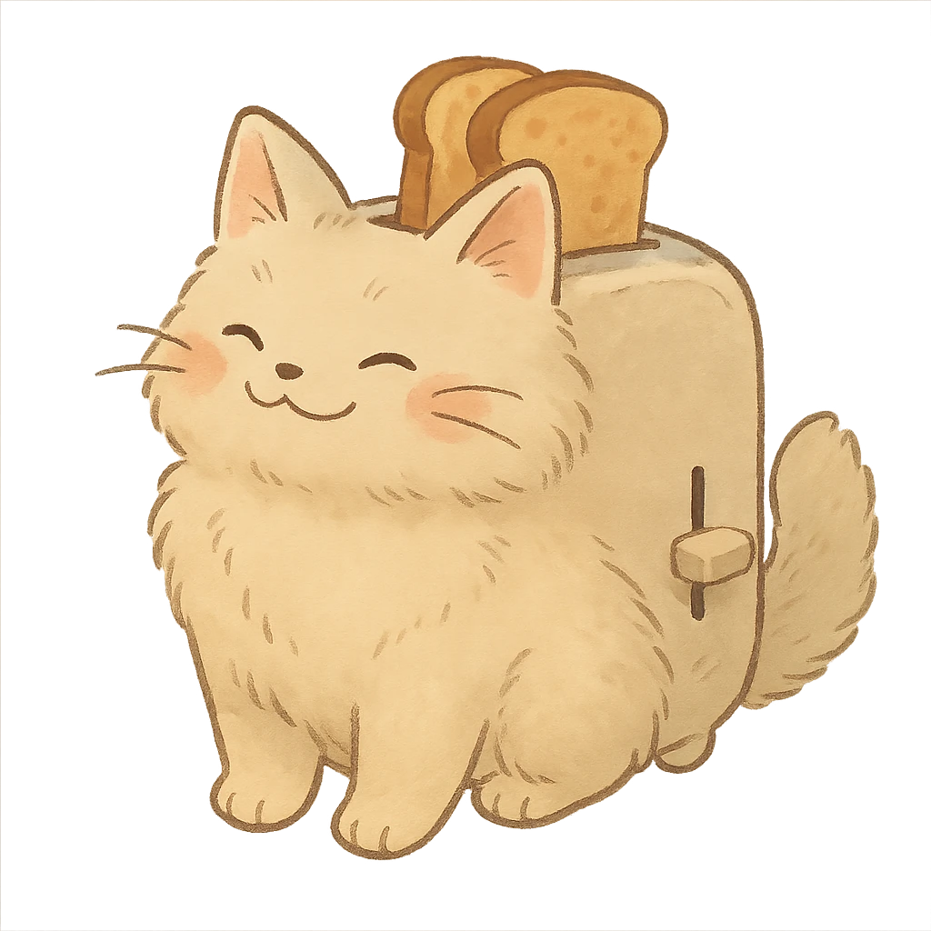 fluffy cat toaster, with two slices of toast popping out, smiling in soft pastel colors, full-body emoji