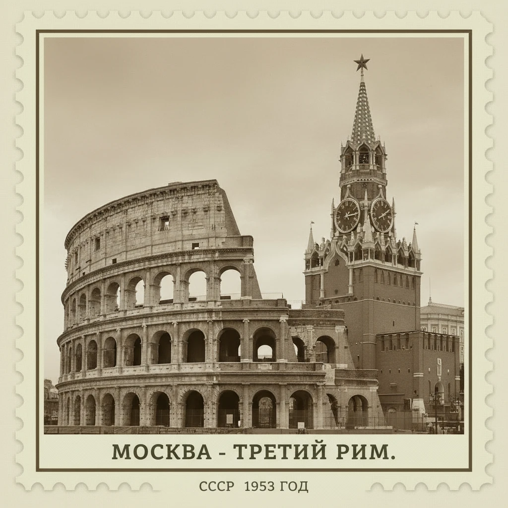 Римский Колизей рядом с московским Кремлем

Подпись: Москва - третий Рим. СССР 1953 год

Стилизуй изображение под марку как на фото emoji