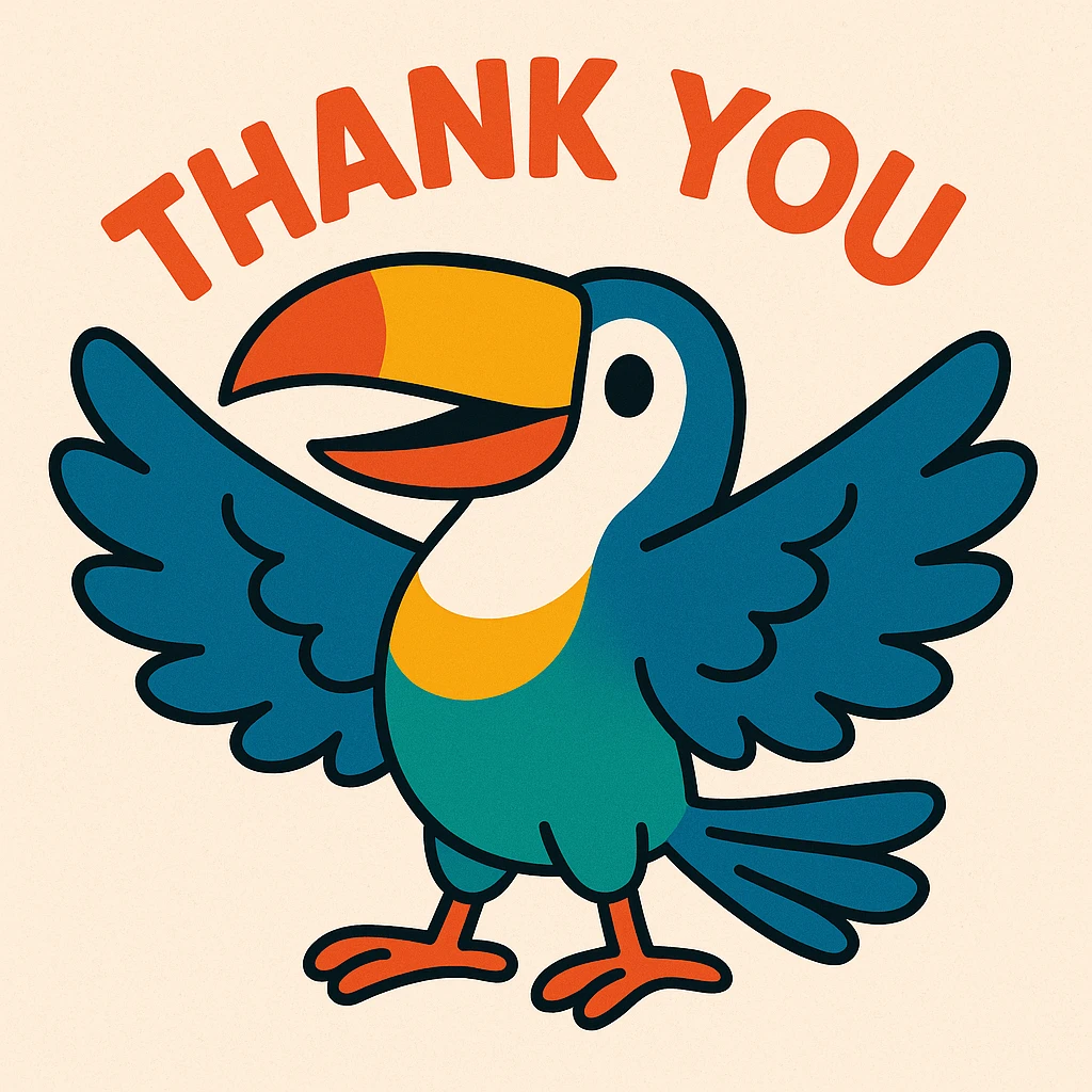 bright multicolored toucan wings open happily saying 'thank you', playful and friendly emoji