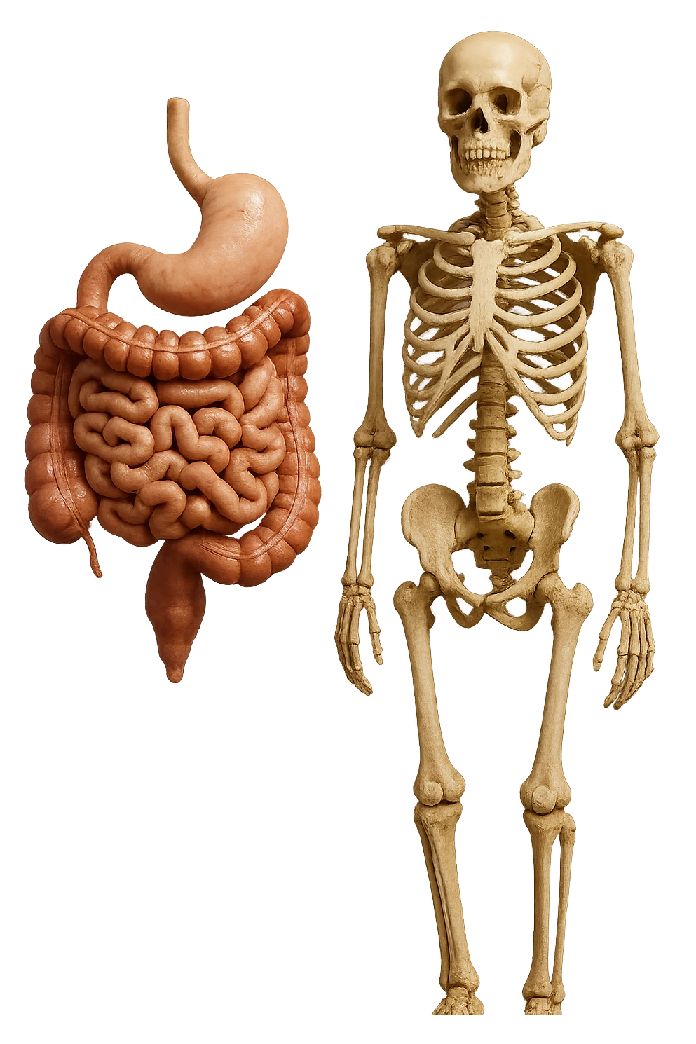 intestino umano anatomico e ossa umano anatomico fluttuano in aria, iperrealistico 4k emoji