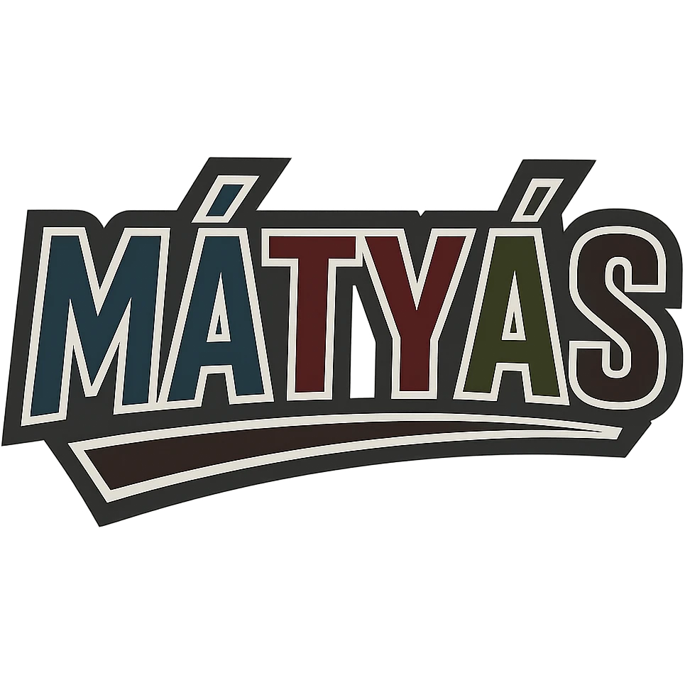 Mátyás name in masculine, modern, gradient font with precise Hungarian characters, dark outline, extra thick, prominent white border as in reference images, dynamic slanted underline, masculine color shades (blue, gray, burgundy, green, brown), 1000x1000 px, PNG, transparent background emoji