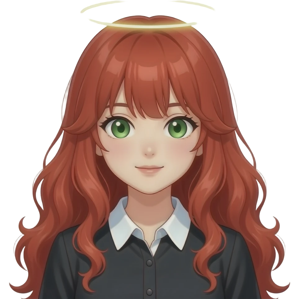 anime girl halo red hair green eyes black blouse with white collar emoji