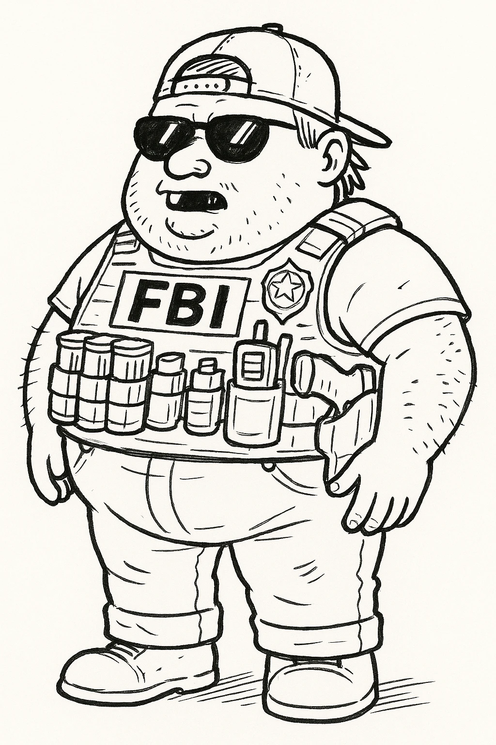 Add dark sunglasses and a shiny badge to the fat federal agent. Keep the tight, gear-filled vest, buck teeth, and cartoonish hillbilly style. emoji