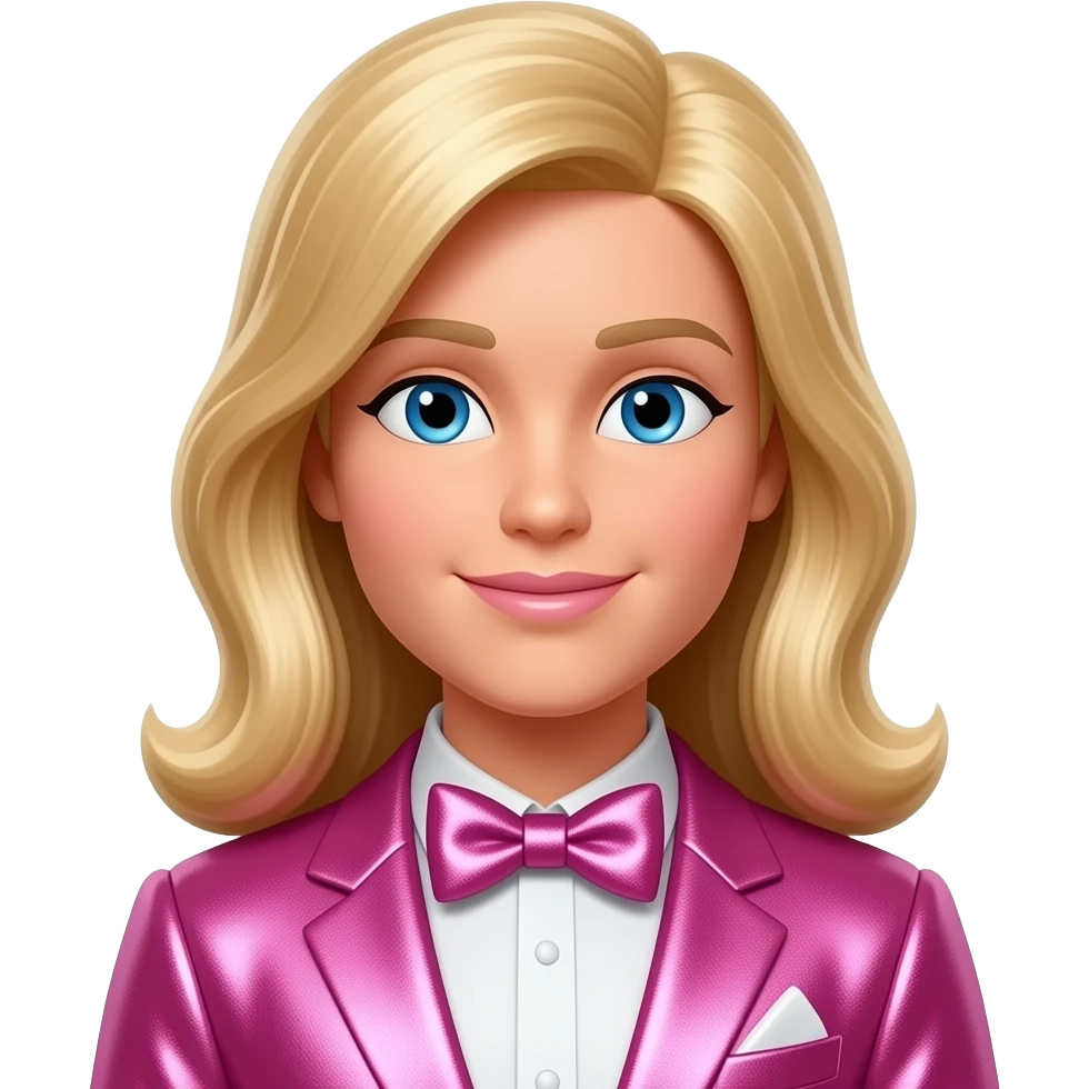 Ken from Barbie and Friends with blue eyes, blonde hair, pink metallic suit with bow tie emoji