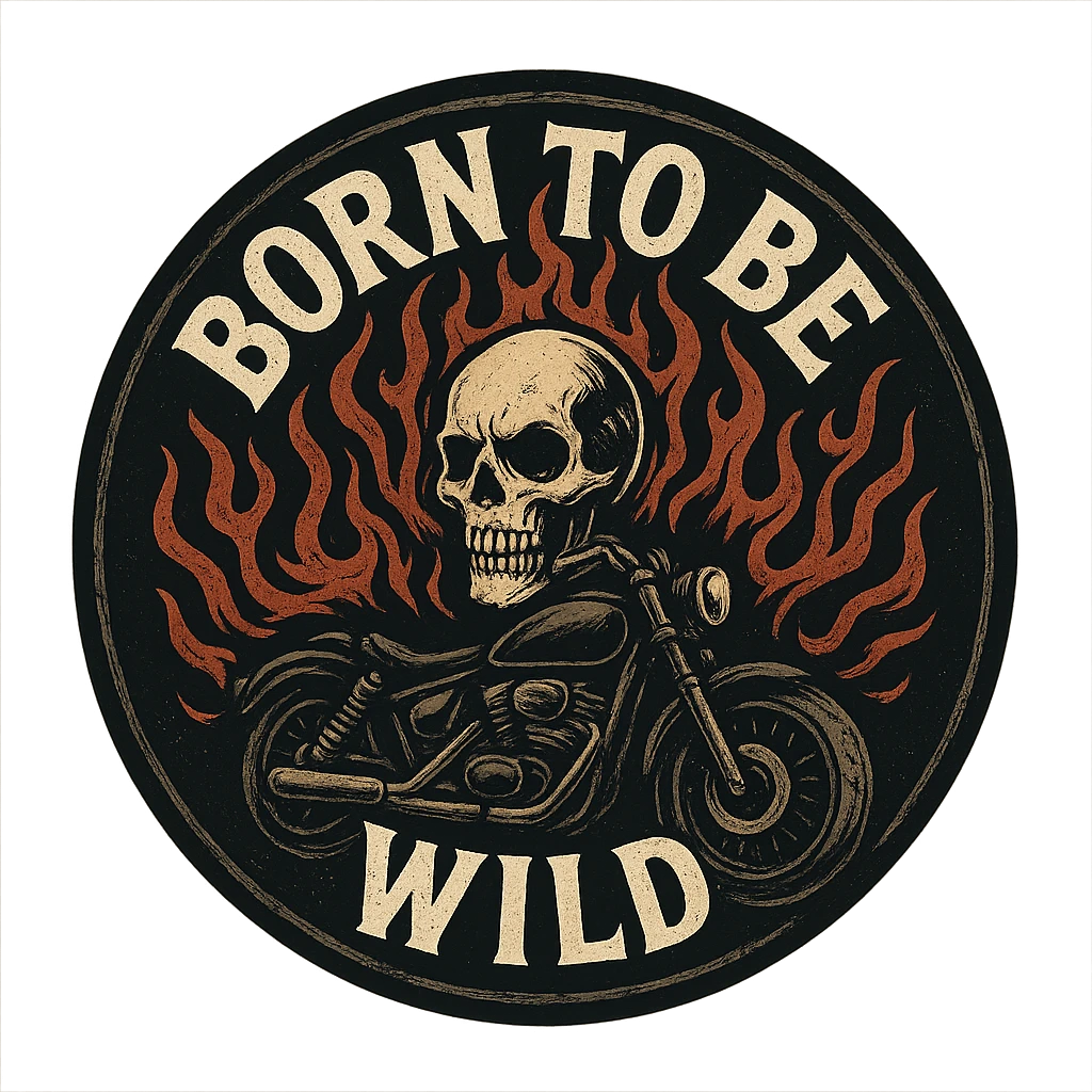 circular motorcycle cap design with transparent background, text 'Born to be wild', motif: flame, motorcycle, skull, dark style emoji