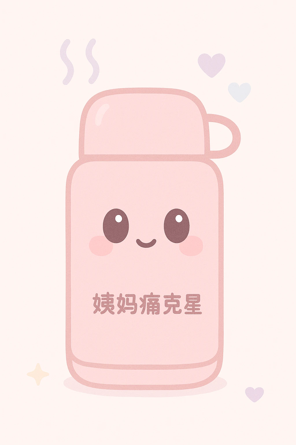 pastel pink thermos with '姨妈痛克星' on the side, steam and heart icons floating above, cozy and inviting, representing thoughtful VIP service for period comfort emoji