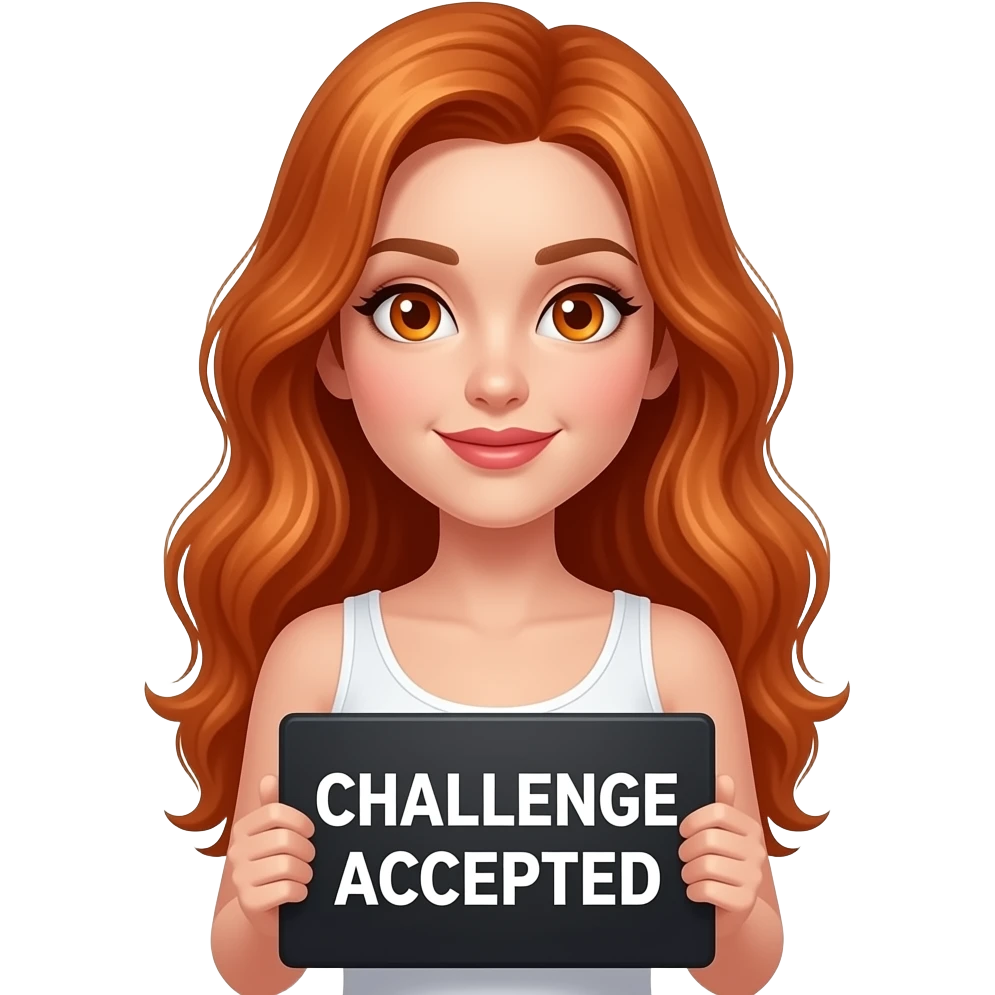 sexy girl with long wavy ginger hair and ginger eyes wearing a white tanktop is holding a black colored sign with CHALLENGE ACCEPTED written on it emoji