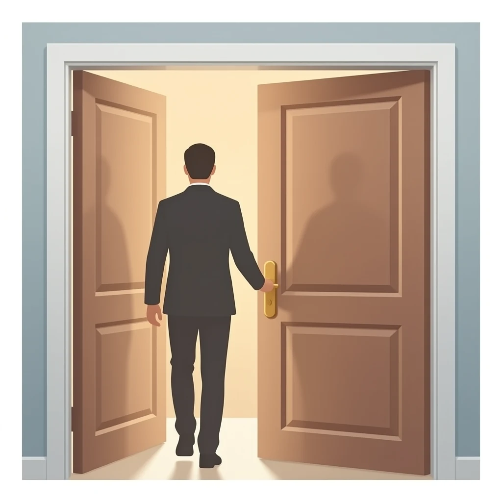 complete door open with a man silhouette leaving, emotional scene, minimal flat illustration, soft warm tones, simple shapes, consistent style, no background emoji