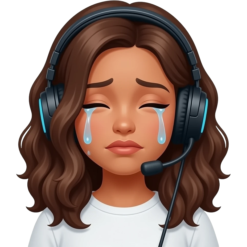 femme, brune, cheveux mi-long ondulé, casque jeux, pleure emoji