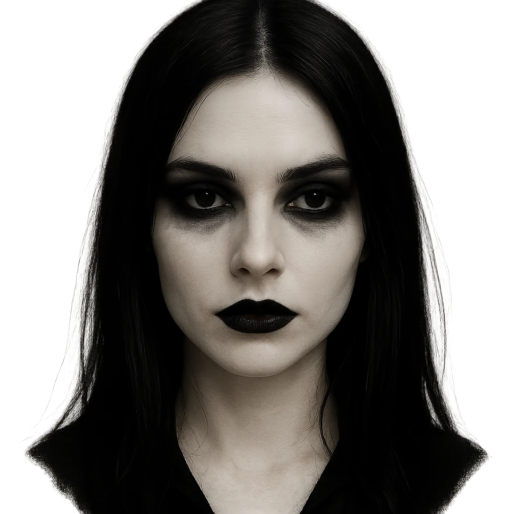 goth face, pale skin, black lipstick, dark eyeshadow, straight black hair, mysterious expression emoji