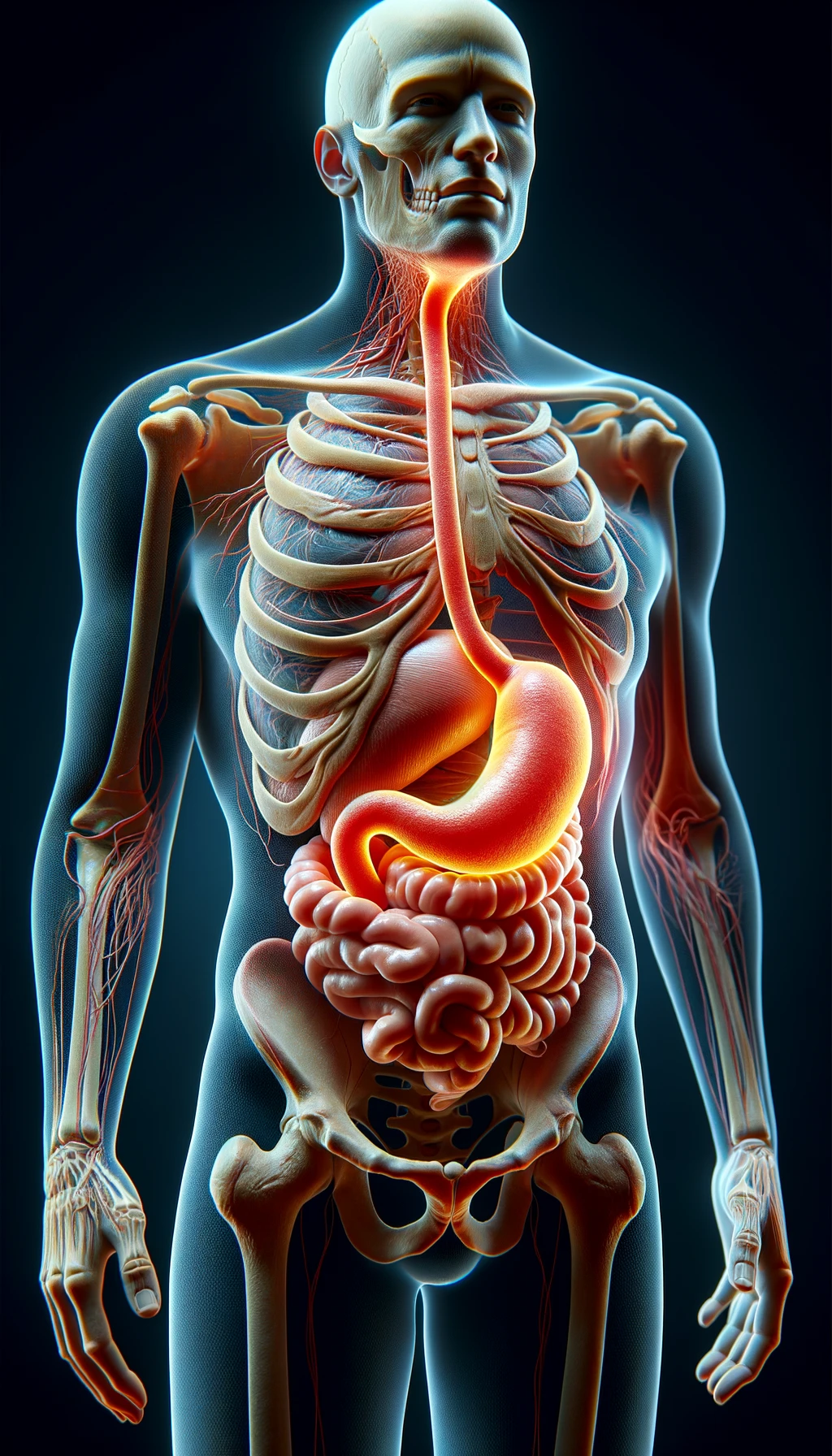 corpo umano anatomico con reflusso e stomaco infiammato, stomaco in evidenza, iperrealistico 4k emoji