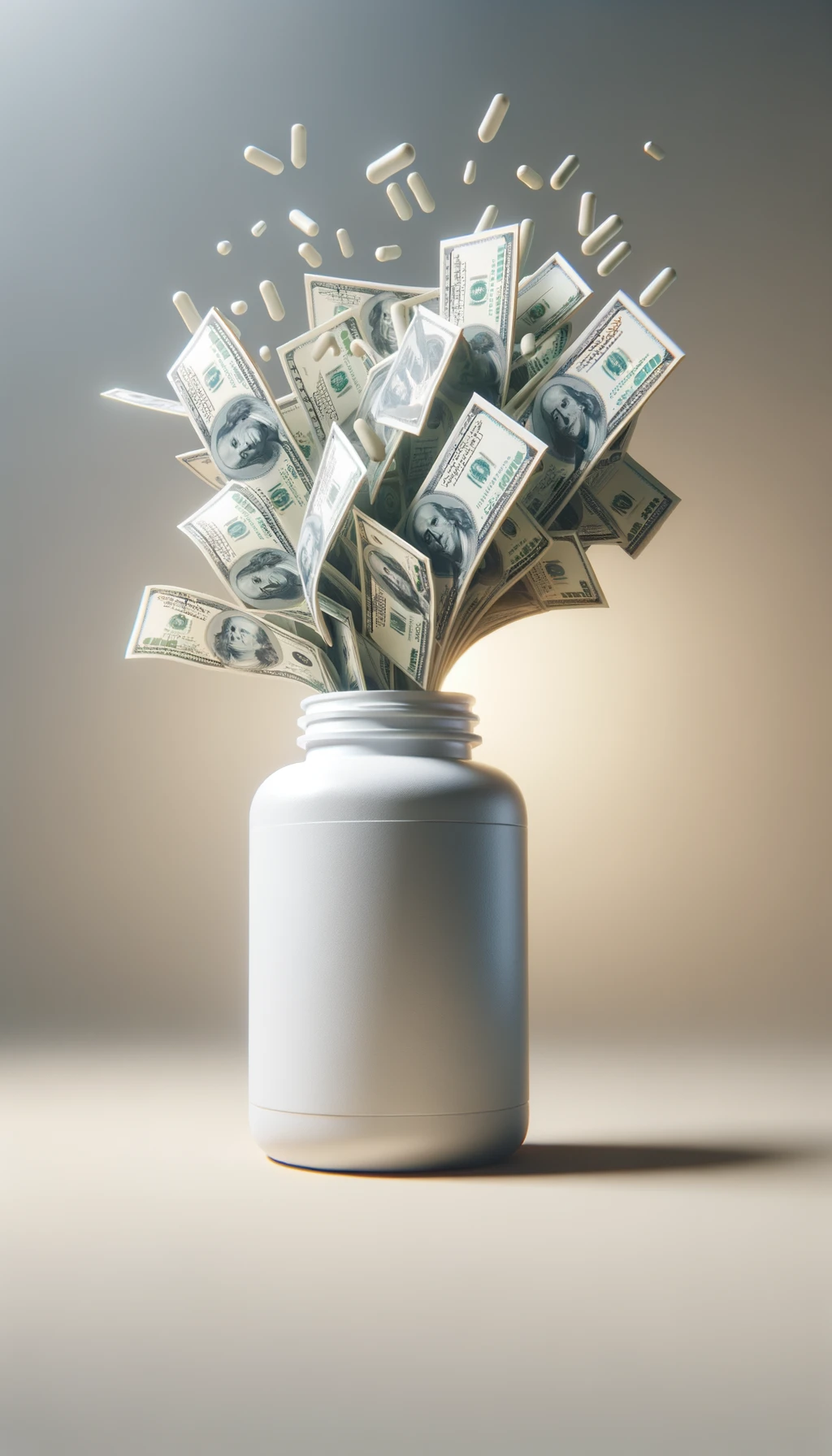boccetta di integratore fluttua in aria, dalla boccetta aperta escono delle banconote, sfondo neutro chiaro, iperrealistico 4k emoji