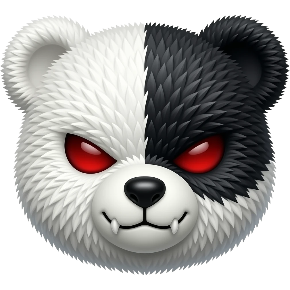 Um Ursinho de pelúcia que tem vida branco é preto branco é normal mas o preto tem um sorriso maligno é olho do formato de / vermelho emoji