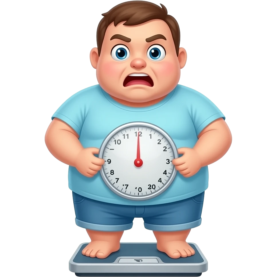 A cute sticker of a chubby character standing on a scale, their belly covering the numbers, funny dramatic face, white border, vector. emoji