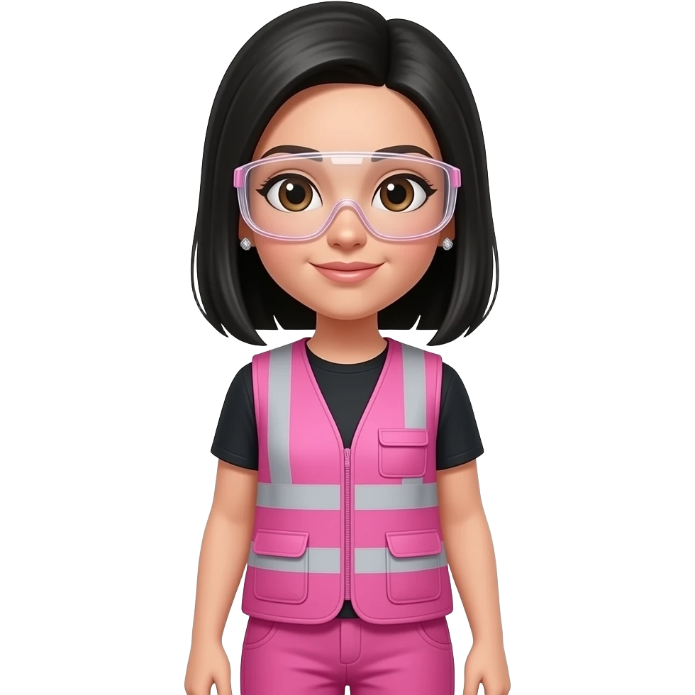White women with brown eyes with neck length straight black hair in a ponytail wearing diamond earrings wearing pink and clear safety glasses wearing a pink construction vest wearing pink pants emoji