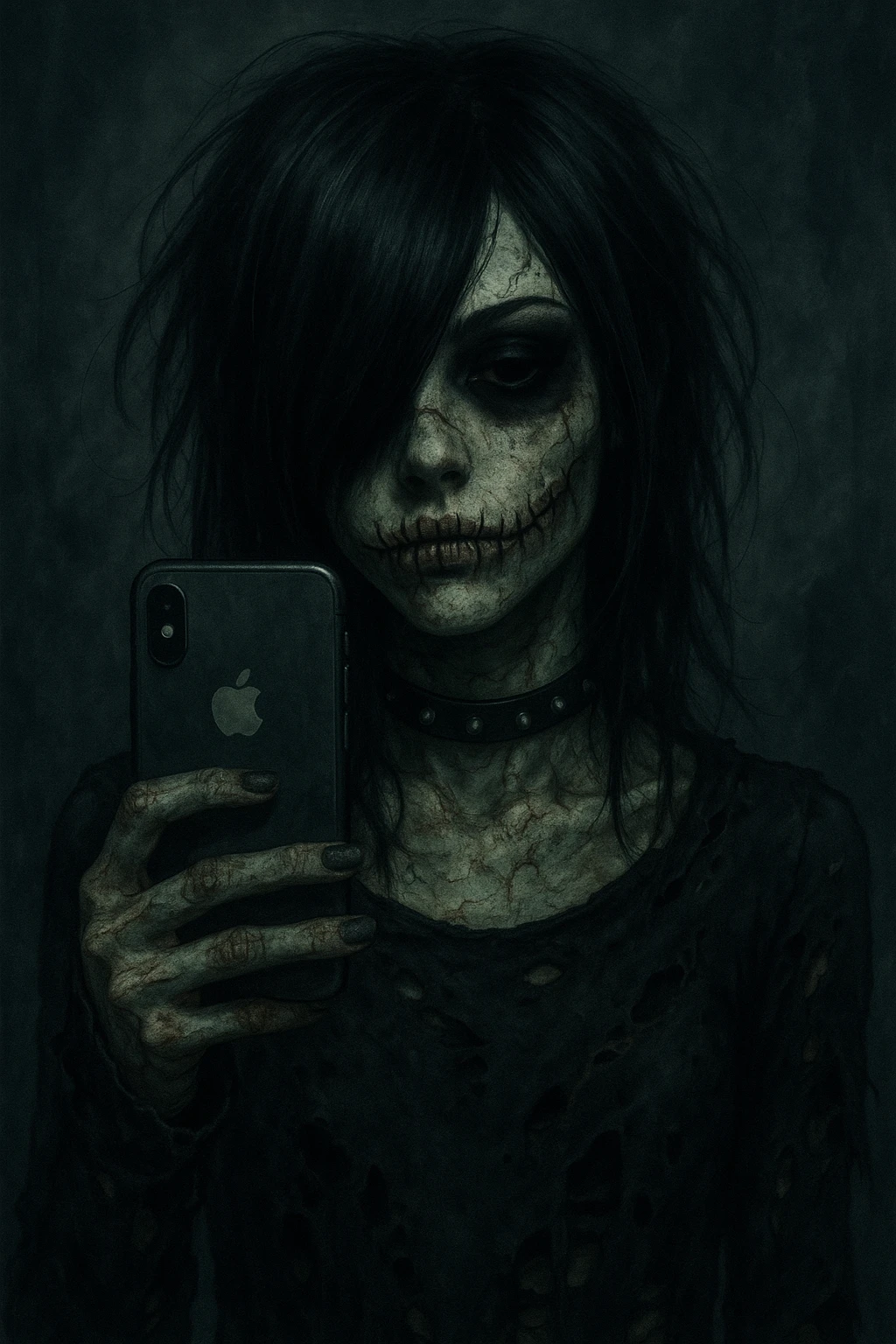 emo girl zombie, black hair covering one eye, stitched mouth, dark makeup, tattered clothes, holding an iPhone emoji