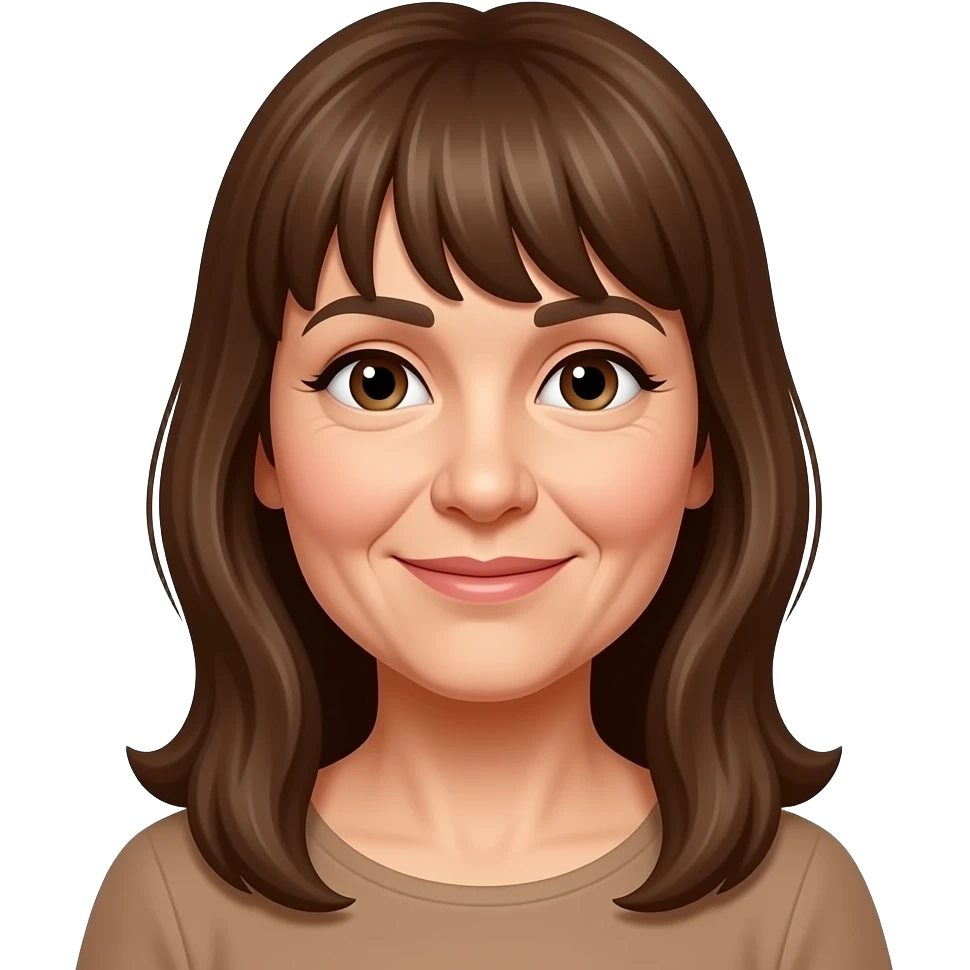 frau um die 50 mit langen braunen haaren und pony, braune augen grüßend augen bissel kleine emoji