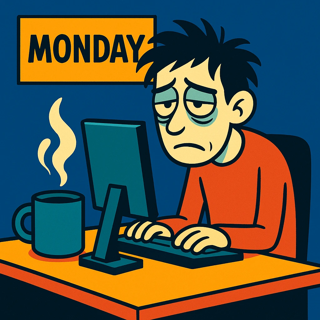 A tired programmer at a desk, looking sick, with a coffee mug, on a Monday morning, cartoon style emoji