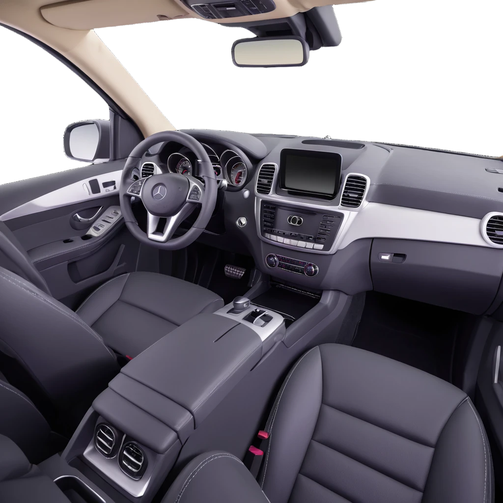 3D style image of the interior of a 2015 Mercedes Benz ML350, black leather seats, dashboard and steering wheel, luxury SUV details, close-up of dashboard and center console emoji
