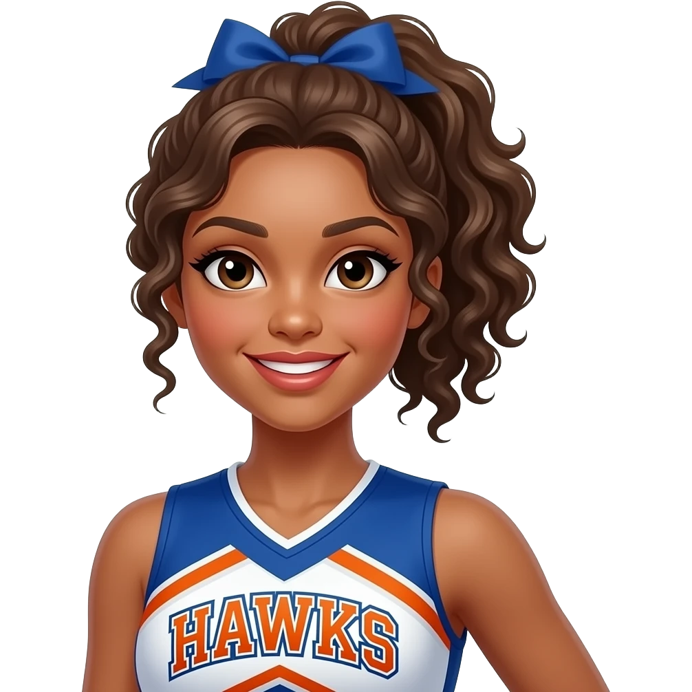 Cheerleader wearing Blue and orange uniform with the word Hawks across the top.  Brown curly hair in a ponytail emoji