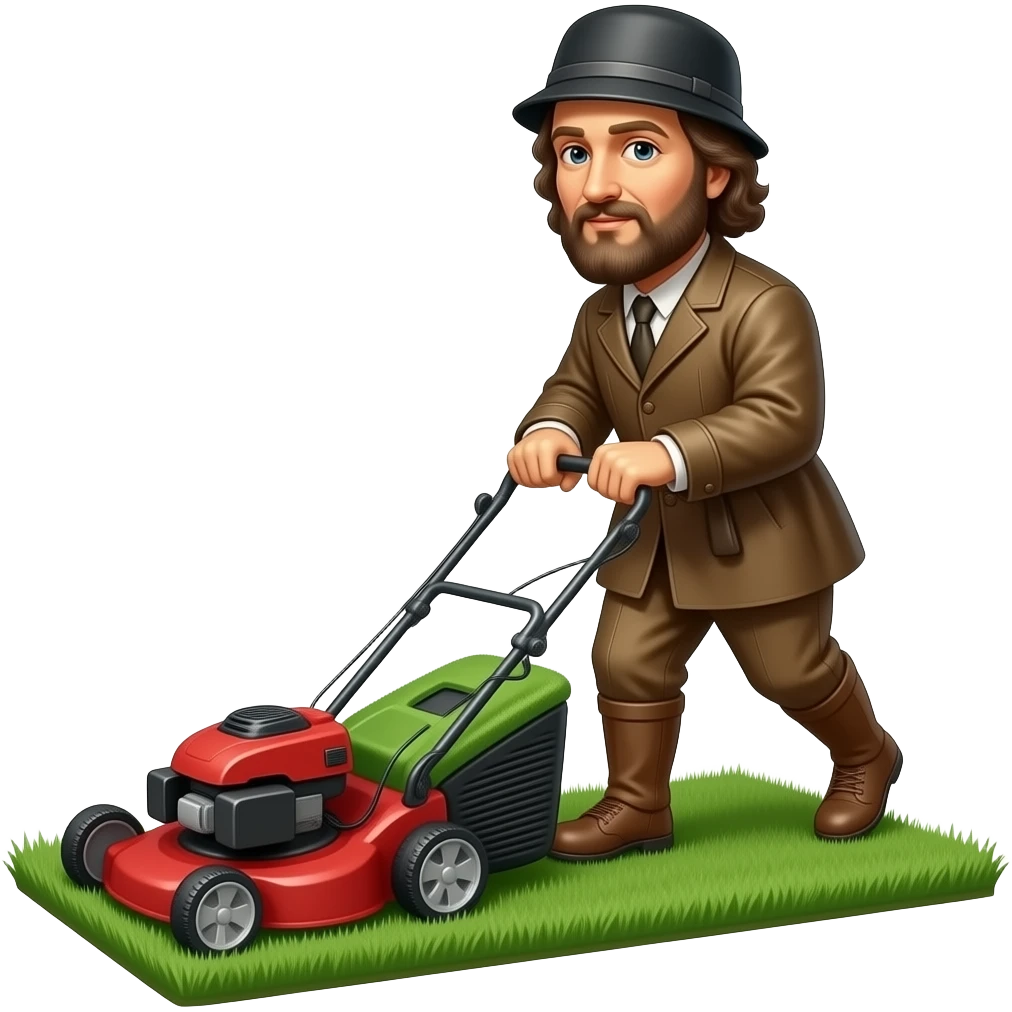 Leonardo da Vinci mowing the lawn with a lawn mower emoji