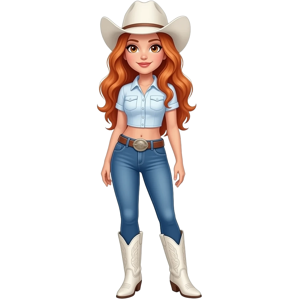 sexy girl with long wavy ginger hair and ginger eyes says wearing blue jeans with white cowboy boots and a white cowboy hut emoji