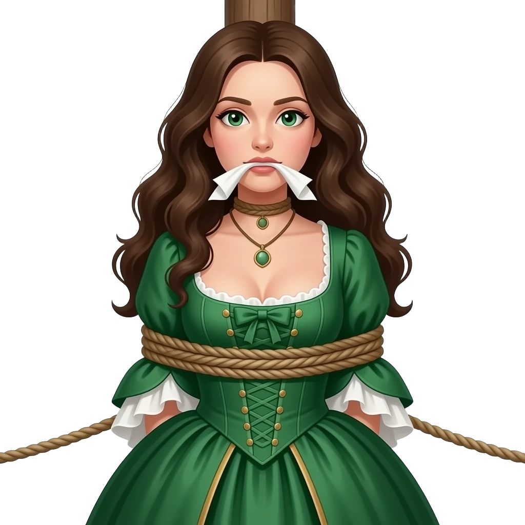 Brunette woman in emerald green 1770s gown with long flowing hair, ample bosom, gagged and bound to tall post, with rope tied just beneath bosom and rolled handkerchief in her mouth. No chains or facemask. emoji