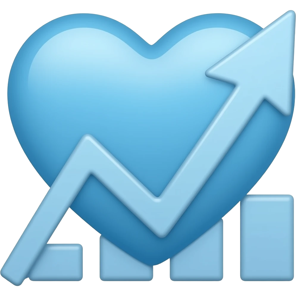 a Little  blue heart next to a small growing chart in the form of an arrow emoji
